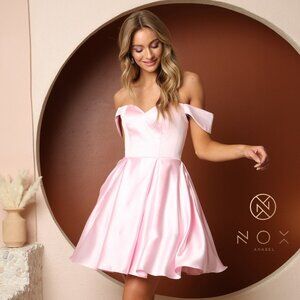 NEW BABY PINK A-LINE SILHOUETTE OFF THE SHOULDER SLEEVELESS SATIN DRESS NX R773